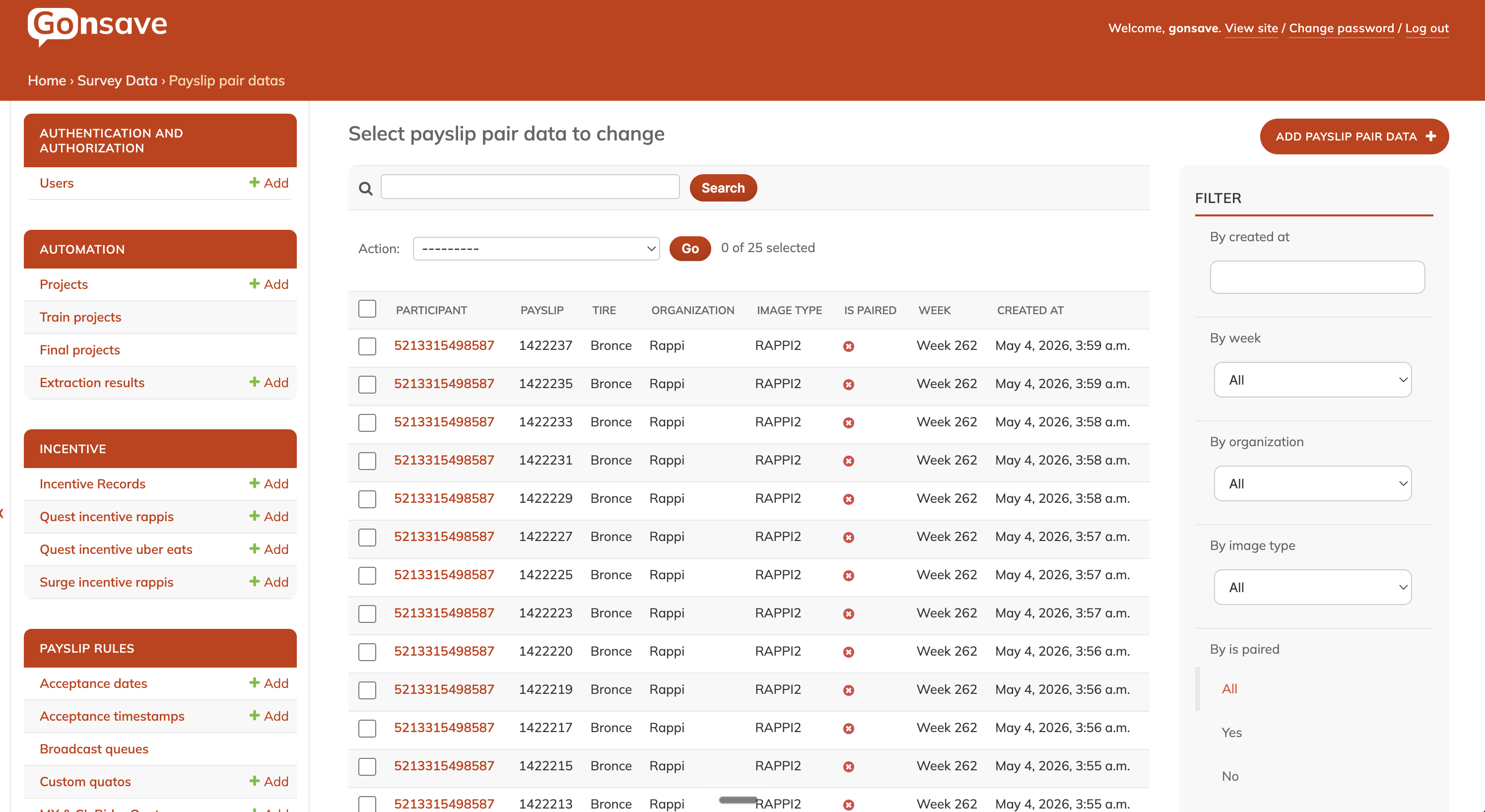 GoNsave admin — Payslip Pair Datas table with Rappi entries, weekly rollup, filters