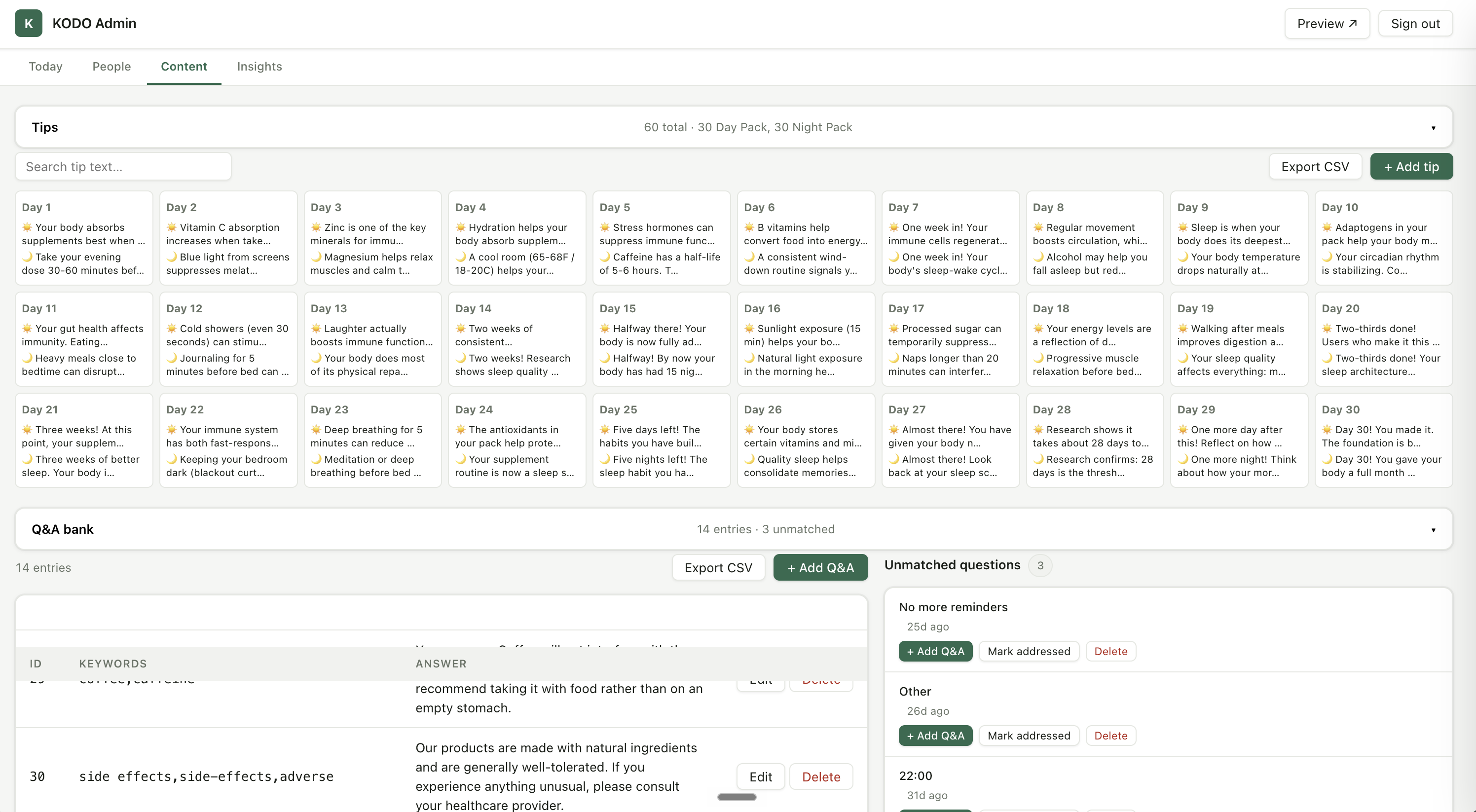 KODO Admin panel — 30-day tip library and Q&A bank