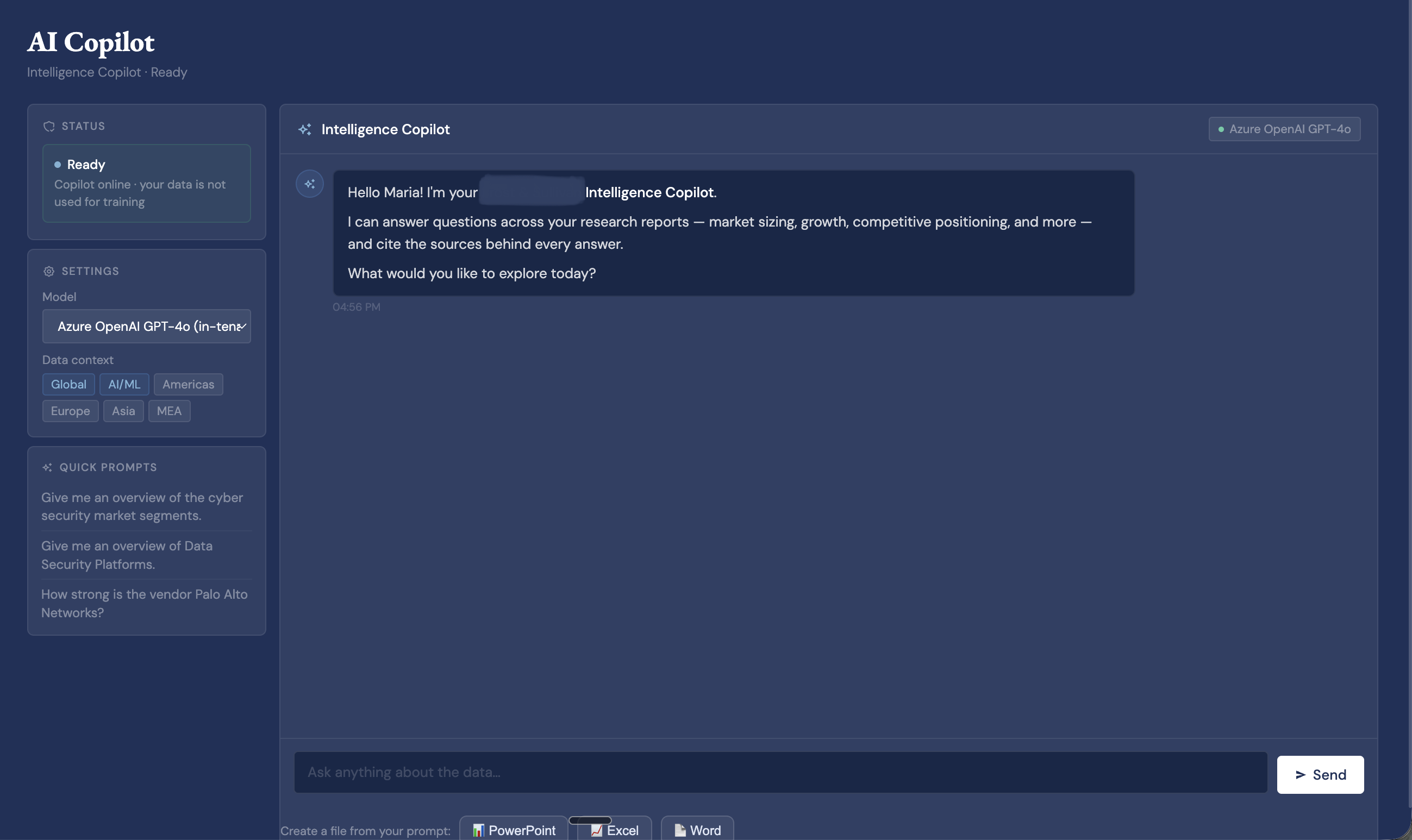 AI Copilot — analyst chat on research firm's corpus, Azure OpenAI GPT-4o